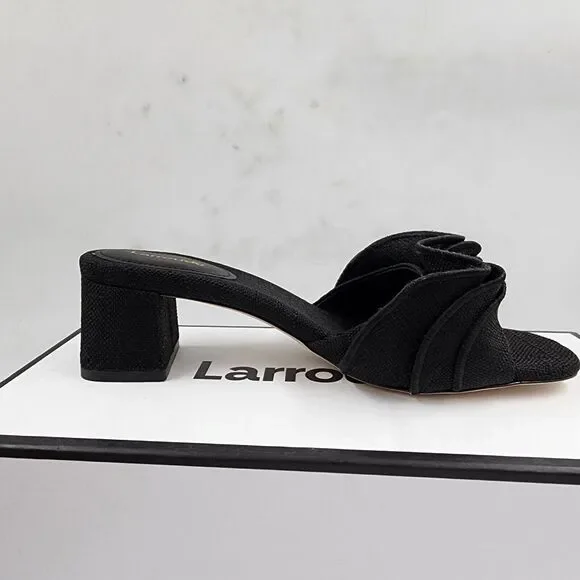 Larroude Brigitte Ruffle Slip On High Heel Sandals Women's 6 Black Open Toe